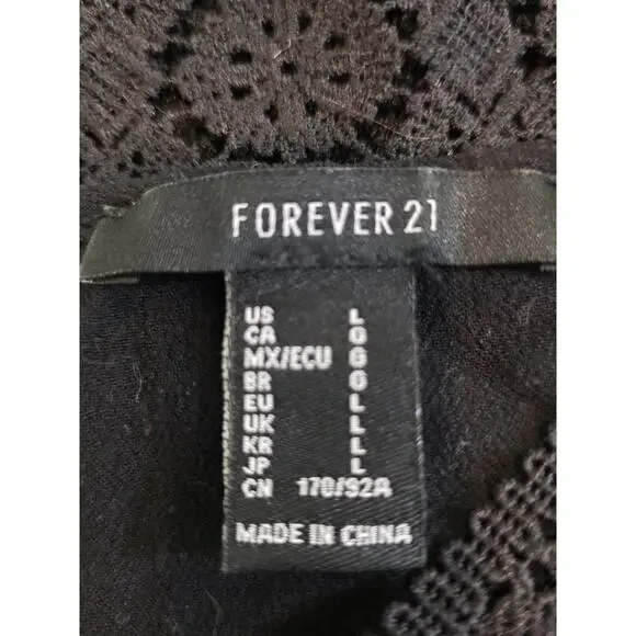 FOREVER 21 Black Floral Embroidered Long Duster SHORT SLEEVE LACE TRIM Size L - Picture 10 of 12